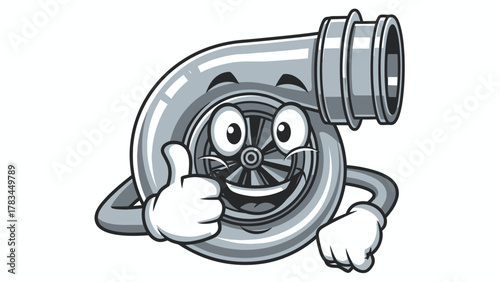 A cartoon turbocharger with a face and arms gives a thumbs up