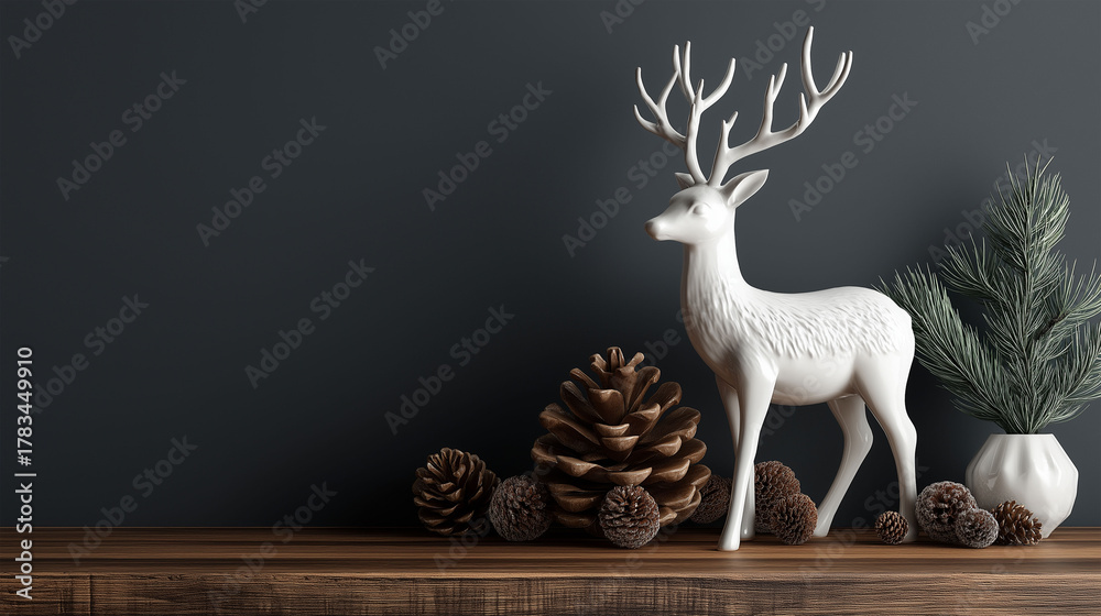 Fototapeta premium Festive Display with Deer Ornament and Pine Cones: A captivating arrangement features a decorative white deer figurine standing beside pine cones, creating a visually pleasing holiday scene.