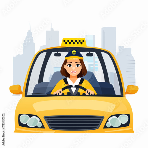 Smiling female taxi driver in yellow cab driving on a city road illustration