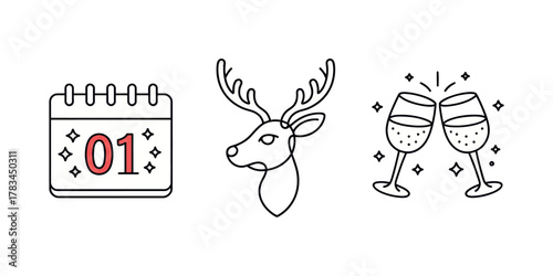 A new year celebration icons featuring a calendar date deer head and toasting champagne glasses in line art illustration, artwork, vector