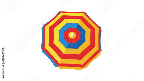 A colorful octagonal umbrella with red yellow and blue stripes from a topdown perspective