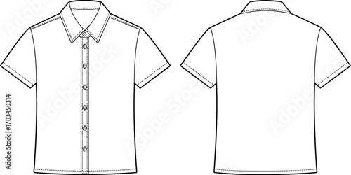 PrintFront and back technical flat sketch of short sleeve button up shirt with collar, stitching details, fashion design, apparel template illustration