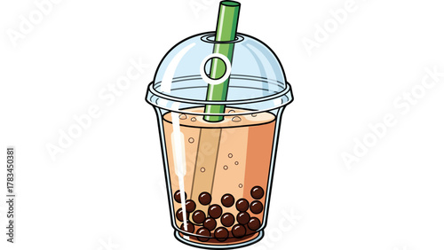 A cup of bubble tea with a green straw and brown tapioca pearls