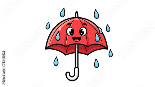 A cute cartoon red umbrella with a face in the rain