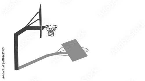 A dark gray basketball hoop and backboard with a shadow on a white background
