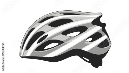 A grayscale illustration of a bicycle helmet