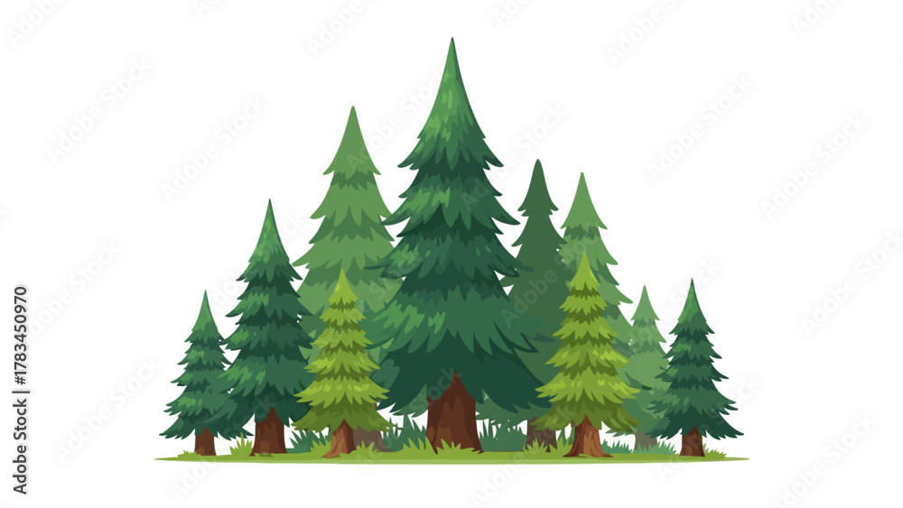 Obraz premium A group of stylized pine trees in various shades of green standing on a grassy surface
