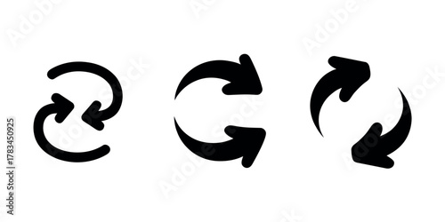 Three black arrows arranged in circular motion on a white background in a horizontal line illustration, artwork, vector