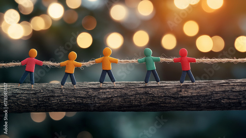 Colorful teamwork concept with five cloth figurine people holding rope on wooden beam under glowing bokeh lights expressing unity and motivation