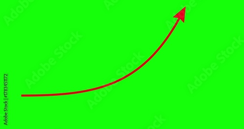 Chart arrow bow shape goes up red and white on green screen. Graph rising fast. Business cartoon greenbox isolated animation. Economy metaphor. Speed up graph from low to high acceleration.