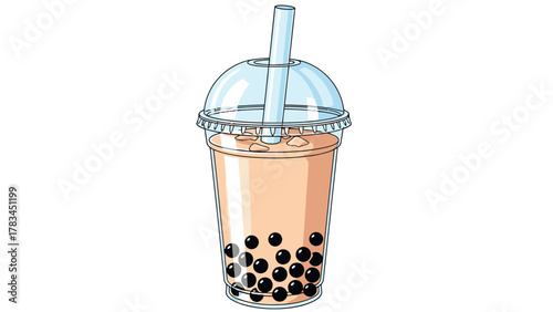 A light brown boba tea drink in a clear plastic cup with a dome lid and straw