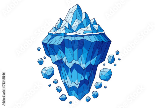 Stylized Blue Iceberg with Geometric Facets and Floating Ice Chunks