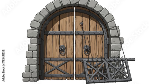 A medieval castle gate with a portcullis and stone archway