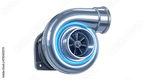 A metallic turbocharger with blue glowing accents