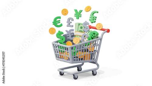 A shopping cart filled with various currency symbols and coins