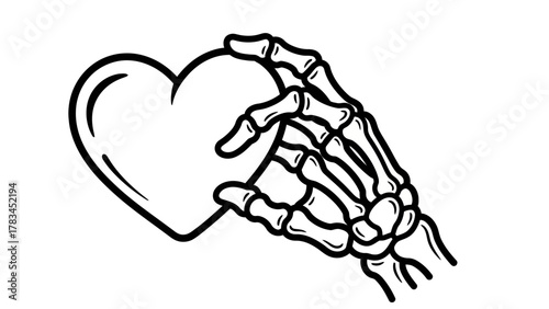 A skeleton hand holds a heart