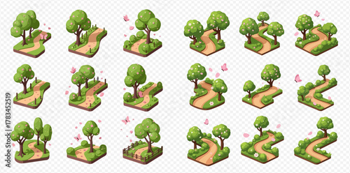 Collection of isometric landscape elements featuring winding dirt roads, lush green trees, and bushes, perfect for game maps.