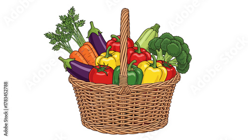 A wicker basket overflowing with a variety of colorful vegetables