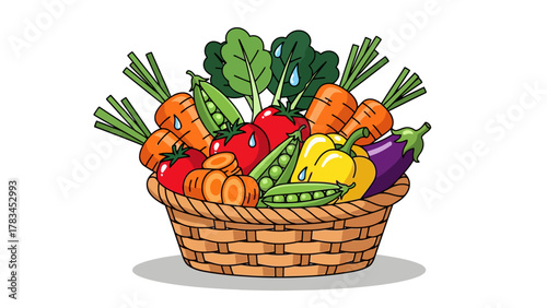 A wicker basket overflowing with fresh vegetables including carrots tomatoes peas peppers and eggplant
