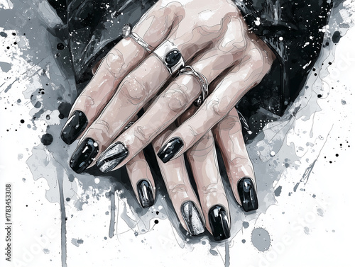 fashion illustration of elegant female hands with glossy black and white nails 