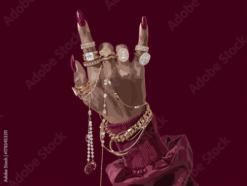 fashion illustration of elegant hand gesture with long burgundy nails, rings and jewelry