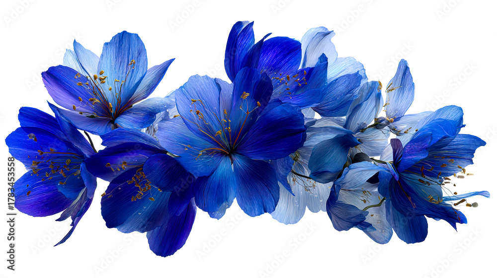 Naklejka premium Cluster of Deep Blue and Light Blue Flowers with Yellow Stamens