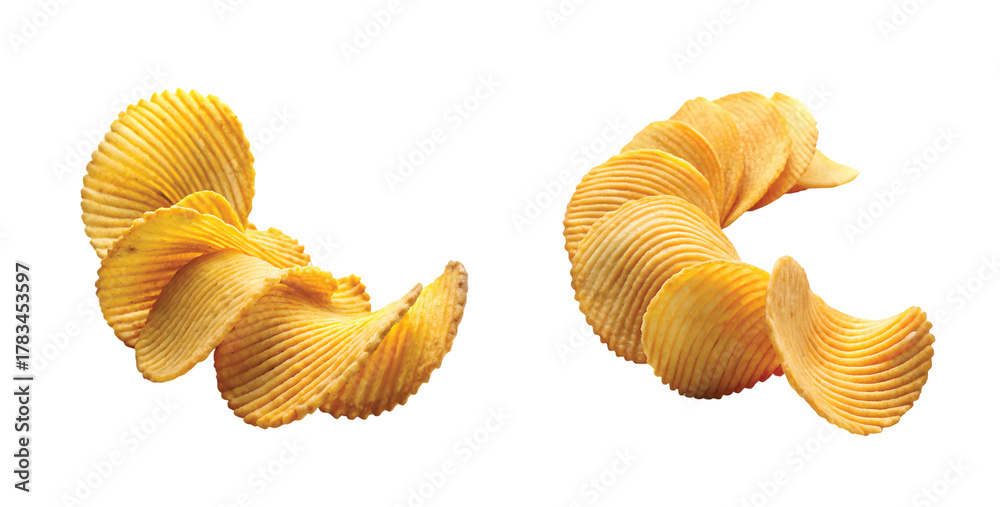 Fototapeta premium Potato Chips in a Curved Shape: PNG of crispy potato chips arranged in a curved wave shape, golden yellow tone, sharp focus, realistic texture.