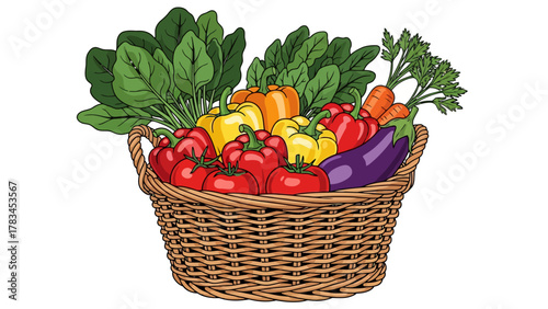 A woven basket overflowing with colorful fresh vegetables