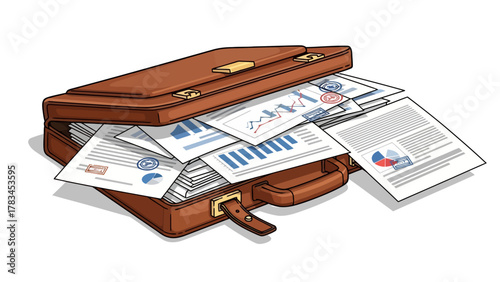 An open brown briefcase overflowing with papers and documents