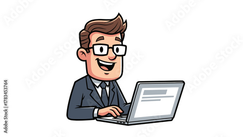 Animated man in a suit wearing glasses typing on a laptop