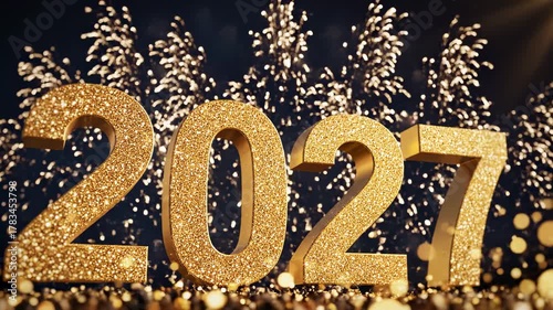 Happy New Year 2027 Celebration with Golden Glitter and Fireworks.