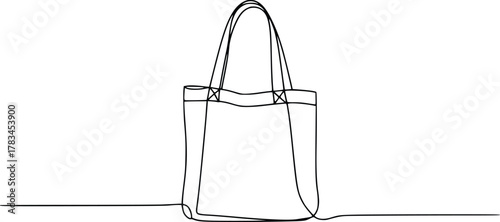 Continuous line art drawing of a stylish reusable tote bag design.