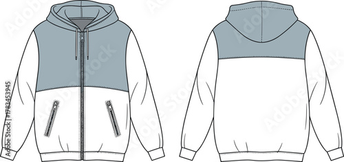 PrintHooded jacket technical flat, zipper hoodie front and back view, fashion design sketch, garment construction template, outerwear apparel illustration