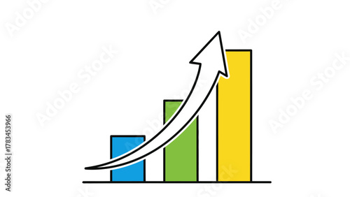 Bar chart with an upward arrow and three bars blue green yellow