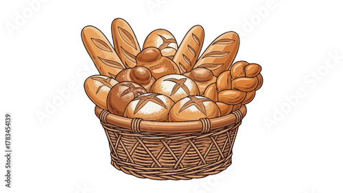 Basket overflowing with various baked bread types