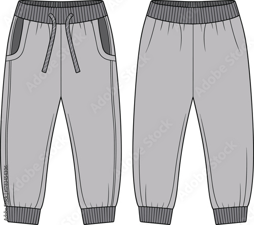 Gray jogger pants front and back view, ribbed waistband, drawstring, ribbed cuffs, fashion apparel, clothing design, cad drawing flat vector illustration