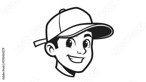 Black and white cartoon of a boys face wearing a baseball cap