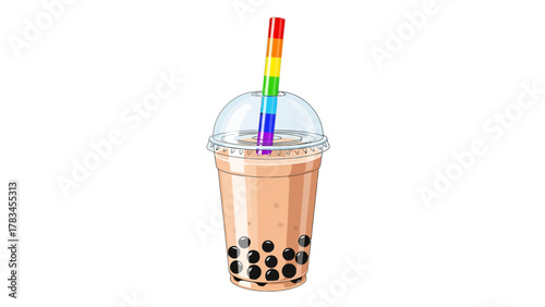 Bubble tea in a clear plastic cup with a rainbow straw