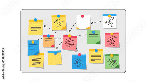 Bulletin board with colorful sticky notes and arrows