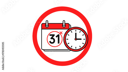 Calendar date and clock inside a red circle