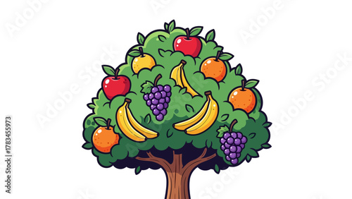 Cartoon fruit tree with apples oranges bananas and grapes