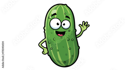 Cartoon pickle waving hello with a happy expression