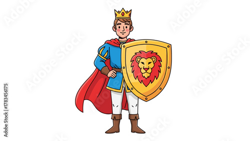 Cartoon prince in red cape and blue tunic holding lion shield