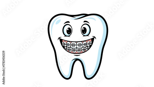 Cartoon tooth with braces and a happy face