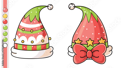 Two cute cartoon christmas elf hats with festive decorations and a color palette on the side