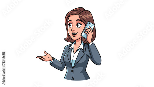 Cartoon woman in business attire on a smartphone gesturing with her free hand