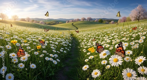 Fototapeta Naklejka Na Ścianę i Meble -  Vibrant meadow scene with blooming flowers and fluttering butterflies under sunlight