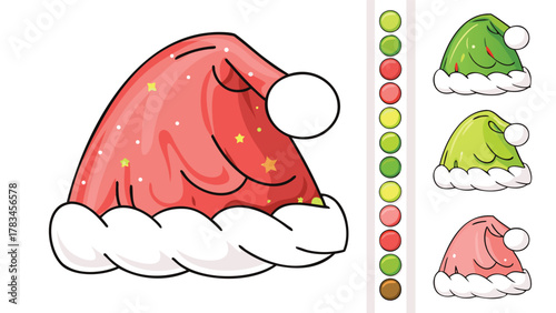 Cute cartoon santa hats with colorful pom poms and fluffy white trim perfect for holiday designs
