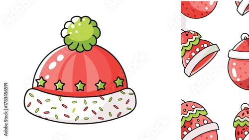 Cute cartoon red winter hat with green pom pom and stars decorated with sprinkles on white background and seamless pattern