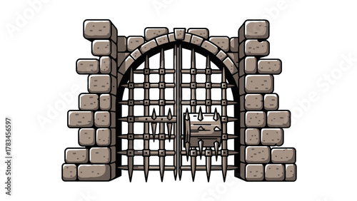 Castle gate with stone walls and spiked bars